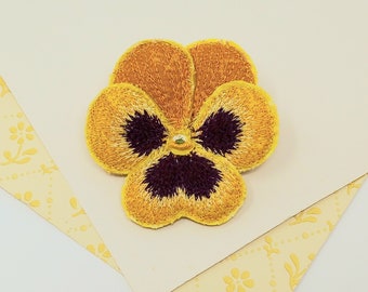 Embroidered pansy brooch, pansy pin, textile art, soft sculpture.