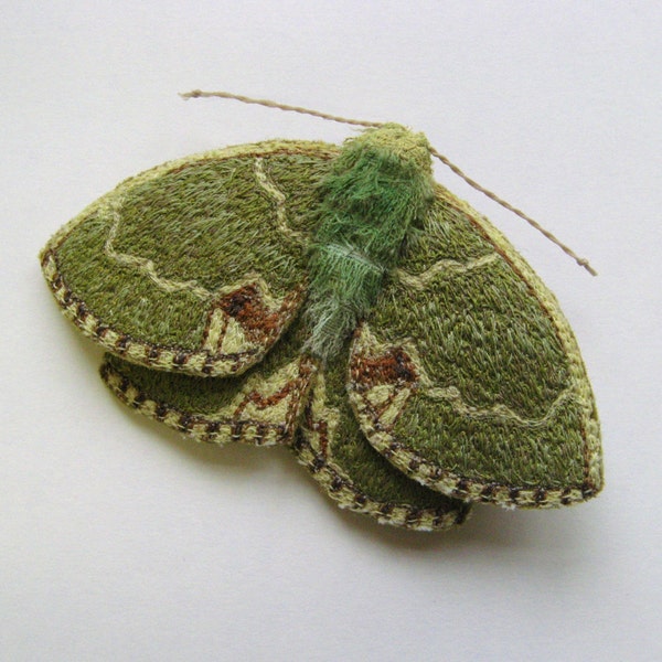 Reserved for Jenny O Neill***    Embroidered moth brooch, 'Blotched Emerald', textile art, soft sculpture.