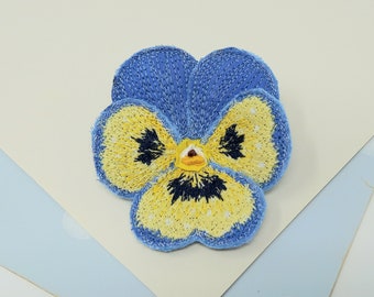 Embroidered pansy brooch, pansy pin, textile art, soft sculpture.