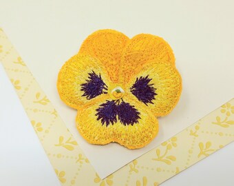 Embroidered pansy brooch, pansy pin, textile art, soft sculpture.