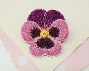 Embroidered pansy brooch, pansy pin, textile art, soft sculpture.