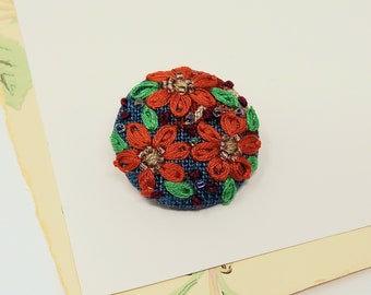 Tiny hand embroidered flower brooch, flower pin, embroidery textile art.