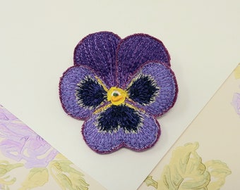 Embroidered pansy brooch, pansy pin, textile art, soft sculpture.