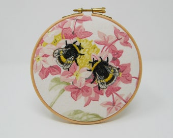 Bumble Bee embroidery, insect embroidery, embroidery hoop textile art, home decor.