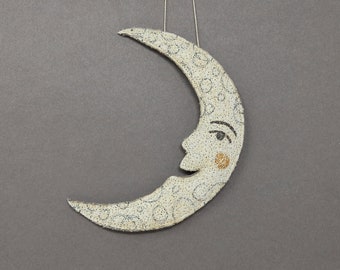 Embroidered crescent moon hanging decoration, Christmas tree decoration, Holiday ornament.