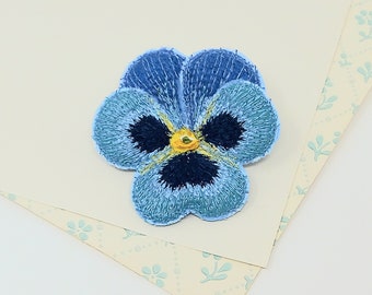 Embroidered pansy brooch, pansy pin, textile art, soft sculpture.