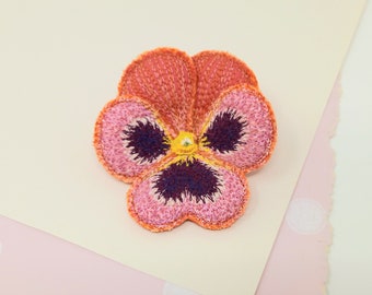 Embroidered pansy brooch, pansy pin, textile art, soft sculpture.