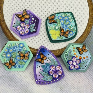 Floral needle minder with Monarch Butterfly / Garden Magnetic Needle Nanny / Needle Holder for Cross Stitch and Embroidery/ image 1