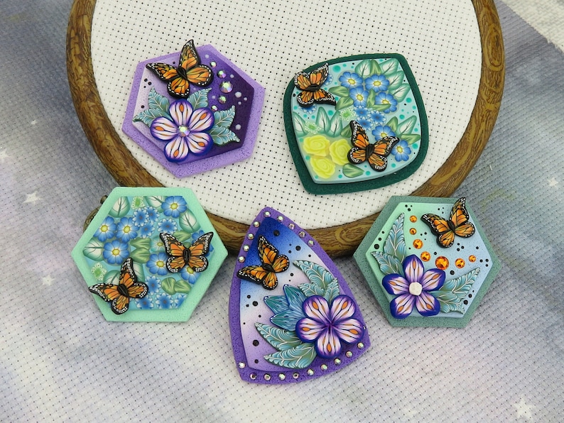Floral needle minder with Monarch Butterfly / Garden Magnetic Needle Nanny / Needle Holder for Cross Stitch and Embroidery/ image 1