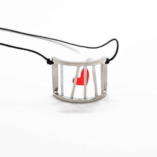 Prisoner Of Love Tiny Sterling Silver Cage Pendant Necklace with Little Red Heart Enamel Painted Inside for Crazy in Love Cute Gift Idea