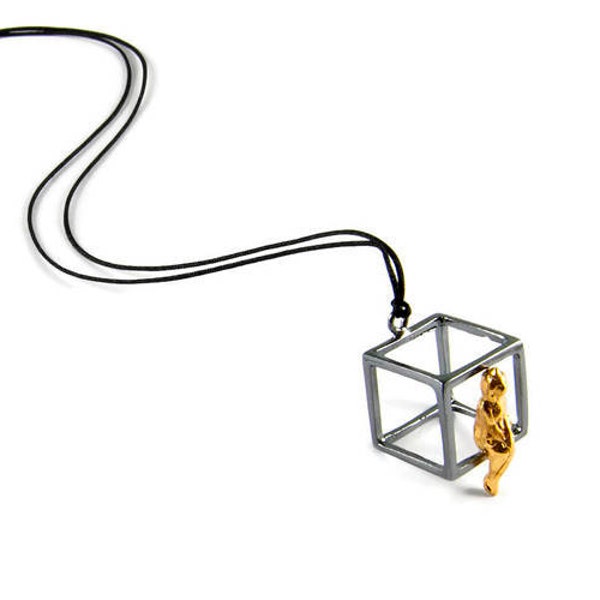 Out of the Box Sterling Silver Pendant Geometric Cube 22K Yellow Gold Plated Lady Dreaming Fly Sky Swing Woman Power Love Tiny Charm Gift