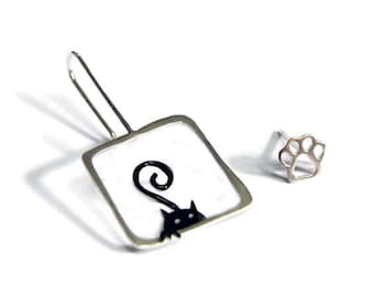 Hide and Seek Cat Whimsical Mismatched Earrings Dangle Stud Sterling Silver Square Playful Design Modern Jewelry Enamel Animal Pet Lovers