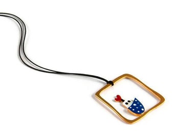 Explorer Boat Pendant Whimsical Jewelry Necklace Enamel Blue Green Nautical Colors Red Heart Sterling Silver Gold Square Frame Gift Idea