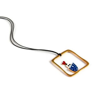 Explorer Boat Pendant Whimsical Jewelry Necklace Enamel Blue Green Nautical Colors Red Heart Sterling Silver Gold Square Frame Gift Idea