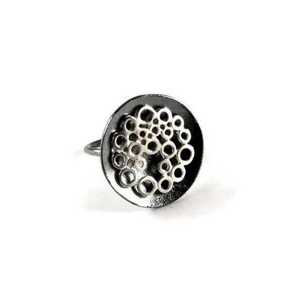 Bubbles Statement Ring Sterling Silver Oxidized Black Patina Beautiful Black and White Contrast Round Geometric Chic Jewelry For Her