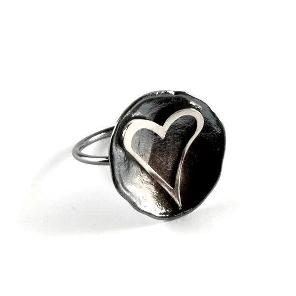 Big Heart Statement Ring Adjustable Band Sterling Silver Oxidized Patina Leather Organic Texture Heart Recycled Silver Love Gift for Her