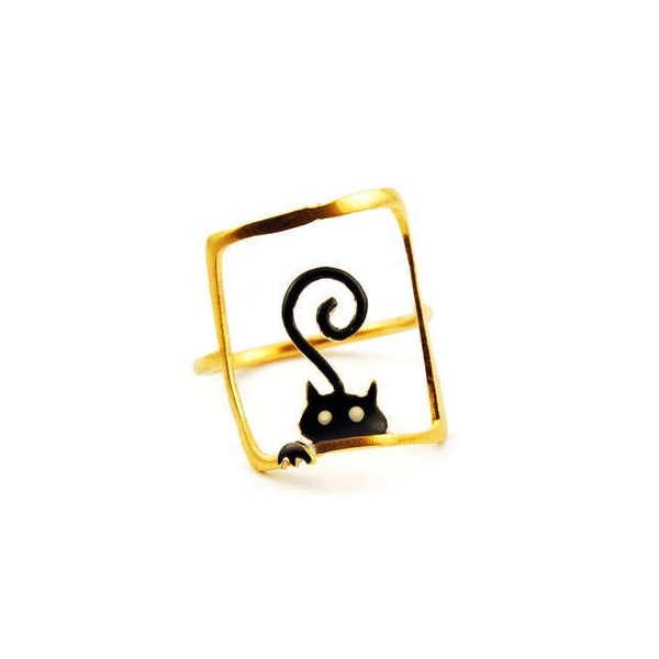 Anillo de declaración del gato plata esterlina esmalte pintado a mano negro cola encantadora caprichosa feliz regalo idea de mascotas propietarios gato amantes joyería animal idea