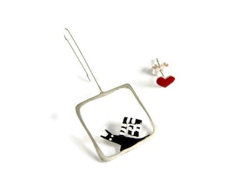 Moving Snail Mismatched Earrings Dangle Heart Stud Sterling Silver Enamel Black White Red Whimsical Gift for Playful Everchanging Spirits