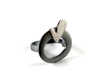 Love Squared Big Bold Statement Ring Oxidized Rock Style Sterling Silver Black Patina Fluffy Heart Cute Whimsy Gift Fashion Love Statement