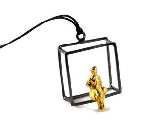 Dream Cube Lady Art Necklace Sterling Silver Pendant Black Patina White Contrast 22K Gold Plated Woman Figure Minimal Linear Modern Jewelry