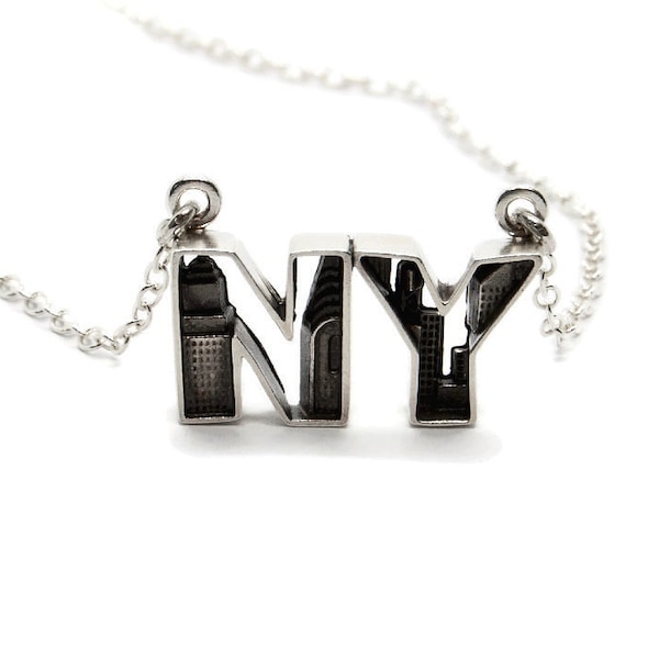 New York Pendant Nightlife City Art Pendant Necklace Sterling Silver Black Building Skyline Minimal Modern Fashion Gift for Her Under 30
