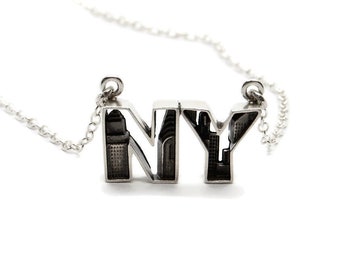 New York Pendant Nightlife City Art Pendant Necklace Sterling Silver Black Building Skyline Minimal Modern Fashion Gift for Her Under 30