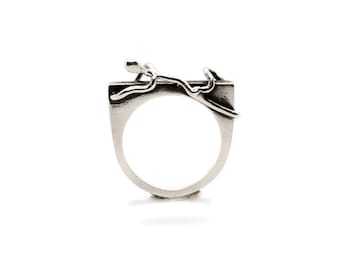 The Ultimate Climber Sterling Silver Statement Ring Sterling Silver Black Oxidized Metal Sculpted Figure Gift Worn Art For Her