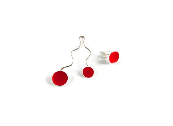 Color Waterfall Mismatched Pair Earrings Playful Design Bright Red Glossy and Yellow Teal Druzy Enamels Wavy Dangle Double Earring and Stud