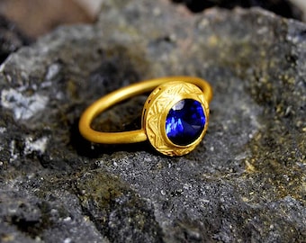 Princess Celeste 18K Yellow Gold Engagement Ring Handcrafted Byzatine Style Deep Blue Sapphire Fine Jewelry Gift Precious Symbolic Ring Her