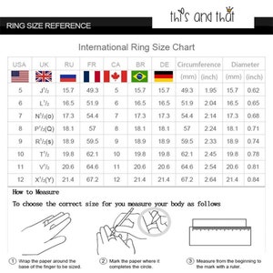 May include: A chart showing international ring sizes in millimeters and inches. The chart includes the following sizes: 5, 6, 7, 8, 9, 10, 11, and 12. The chart also includes the following measurements: circumference, diameter, and size in different countries. The chart is titled "International Ring Size Chart".