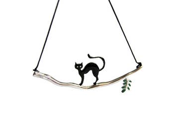 The catwalk Statement Necklace Sterling Silver Cat on a Branch Birch Wood Design Green Leaf Black Figure Feminine Gift Idea for Cat Lovers