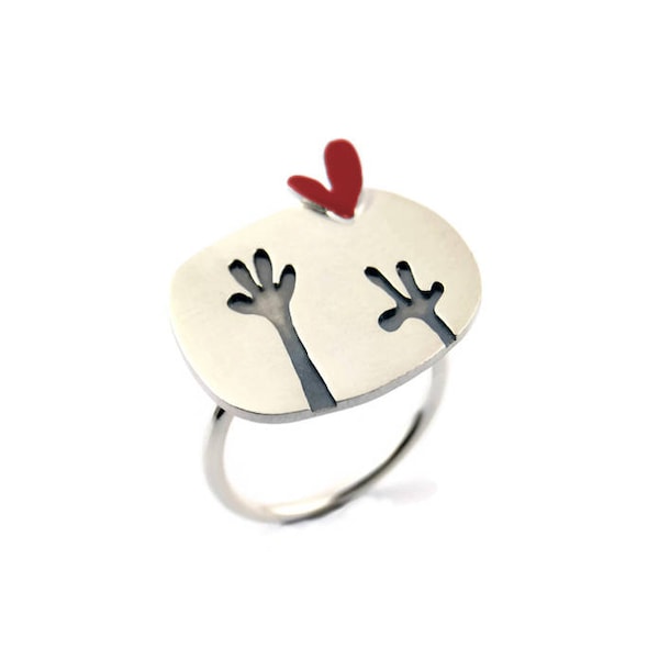 Farewell Statement Ring Sterling Red Heart Cartoon Waving Hands Bye bye Design Happy Gift Idea for Friends Cute Modern Statement Jewelry