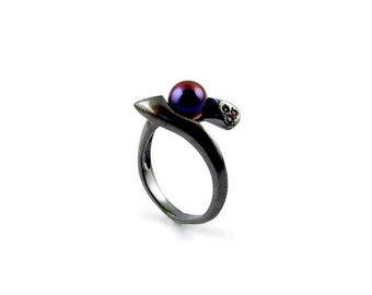 The Hug Statement Engagement Ring Modern Minimal Chic Design Black Sterling Platinum Plated Mystery Pearl Ruby Gems Rare Beauty Special Gift