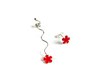 Airplant Mismatched Sterling Silver Earrings Floating Flower Dangle Stud Bright Enamel Colors Modern Fresh Gift for Her Nature Inspired