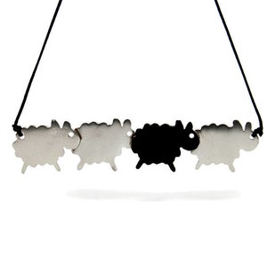 Black Sheep Pendant Necklace Sterling Silver Enamel Painted Black Cord Layered Jewellry Idea Modern Gift For Her