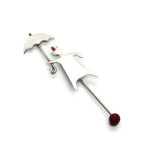 Modern History Art Pin Sterling Silver Brooch Cycladic Figurine Inspired Man Figure Red Nose Enamel Polymer Symbolic Gift April Rain Umbrell