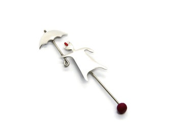 Modern History Art Pin Sterling Silver Brooch Cycladic Figurine Inspired Man Figure Red Nose Enamel Polymer Symbolic Gift April Rain Umbrell