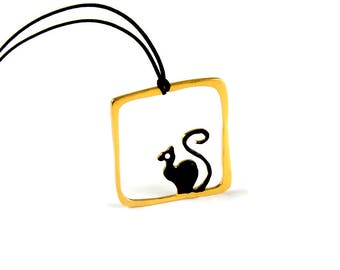 Cat Lover Pendant Necklace Gold Plated Silver Square Cute Cat Whimsical Design Black Cord Modern Jewelry Enamel Painting Animal Pet Lovers