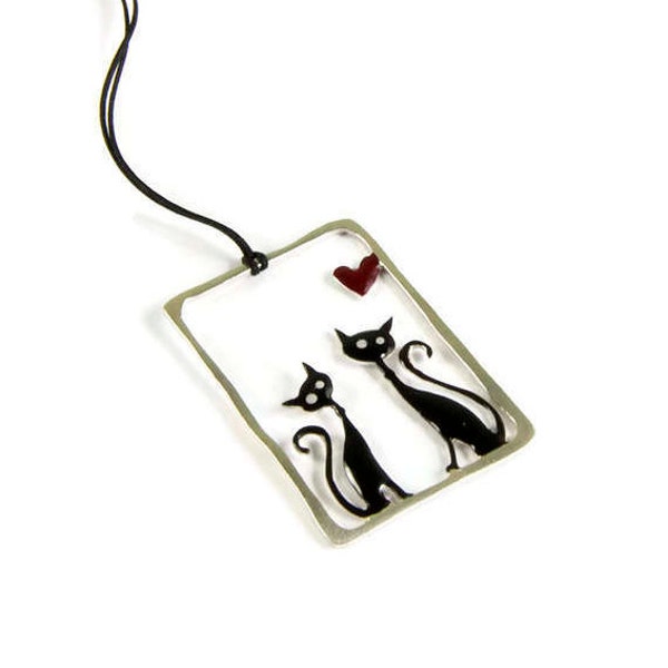 My Other Cat Pendant Sterling Silver Yellow Gold Plated Frame Cute Animal Couple Whimsical Design Black Cord Heart Enamel Love Couples Gift