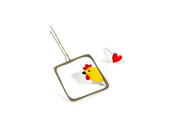 Goodmorning Love Chicken Mismatched Earrings Cute Dangle and Heart Stud Yellow Bright Red Colors Sterling Silver Playful Design Make my Day