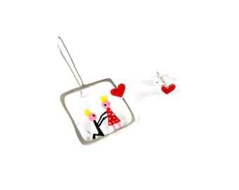 Love Story Mismatched Earrings Dangle Couple Wedding Proposal Red Heart Stud Prince Princess King Queen Yellow Crowns Modern Valentines Gift