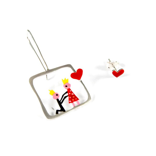 Love Story Mismatched Earrings Dangle Couple Wedding Proposal Red Heart Stud Prince Princess King Queen Yellow Crowns Modern Valentines Gift