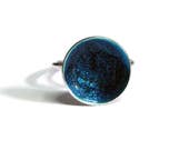 The Sky Above Us Sterling Silver Statement Open Ring Deep Blue Moon Galaxy Teal Druzy Enamel Stardust Modern Mystery Woman Cosmic Art Gift