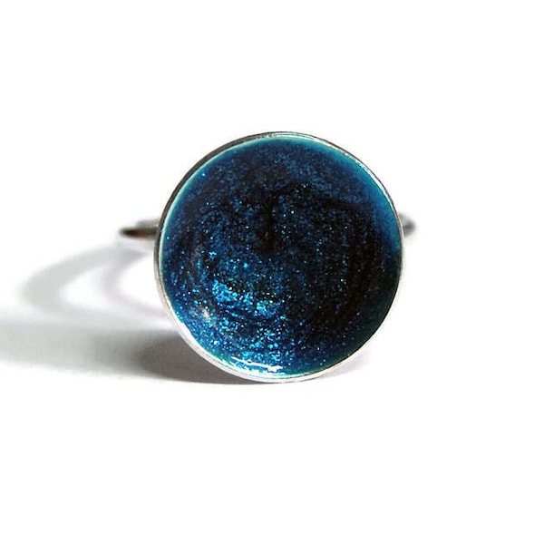 Der Himmel über uns Sterling Silber Statement Offener Ring Tiefblauer Mond Galaxie Teal Druzy Emaille Sternenstaub Moderne Geheimnis Frau Kosmische Kunst Geschenk