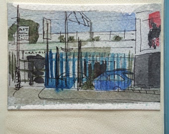 Handmade card with pen and watercolour urban scene