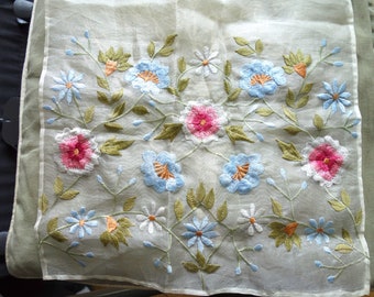 White gauze long scarf or dupatta embroidered with pastel flowers at end, 12in wide, 5ft long