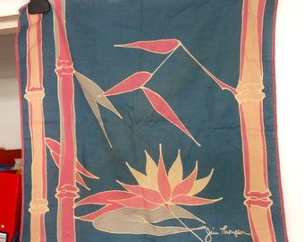 Jim Thompson cotton handkerchief printed with bamboo and flowers, 18in square, 1980s