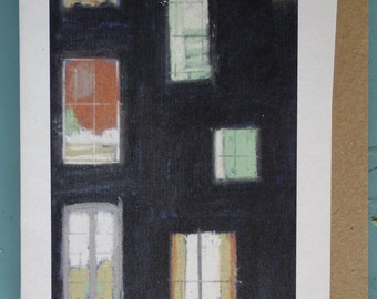 Card, print of pastel drawing showing lighted windows at night, 6in by 4in