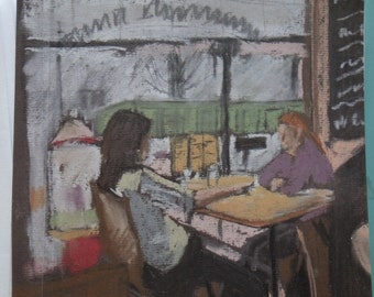 Greetings card with envelope, girls in cafe, 5.5in x 5.5in