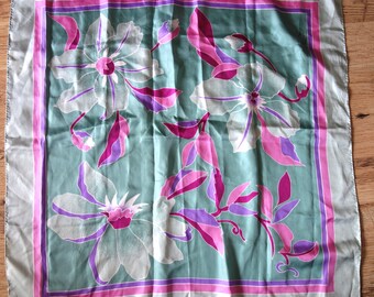 Waldy Orain silk scarf 1980s, orchids, green/pink/purple/red, 28in square